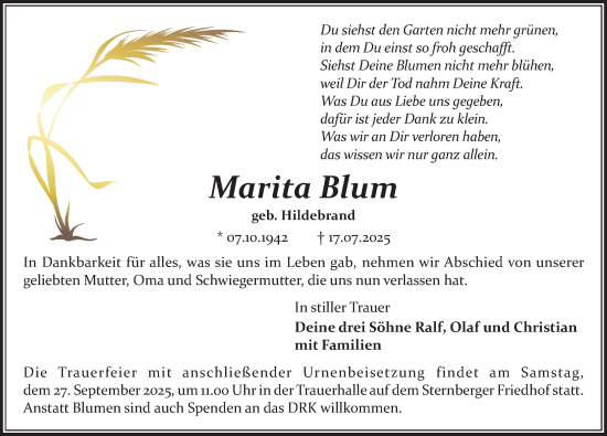 Traueranzeige von Marita Blum von Anzeiger für Sternberg - Brüel - Warin