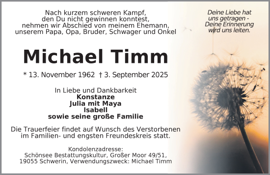 Traueranzeige von Michael Timm von Zeitung für die Landeshauptstadt