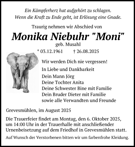 Traueranzeige von Monika Niebuhr von Gadebusch - Rehnaer Zeitung