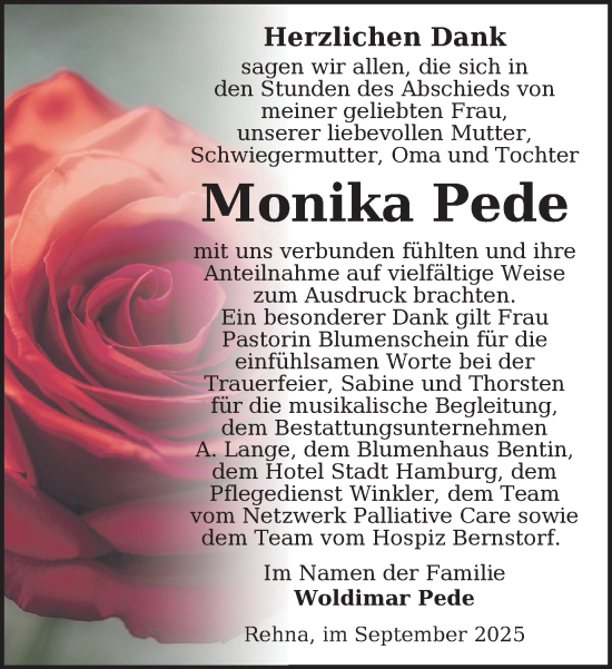 Traueranzeige von Monika Pede von Gadebusch - Rehnaer Zeitung
