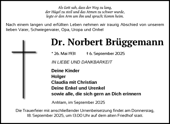Traueranzeige von Norbert Brüggemann von Nordkurier Vorpommern Kurier
