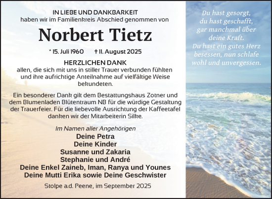 Traueranzeige von Norbert Tietz von Nordkurier Vorpommern Kurier