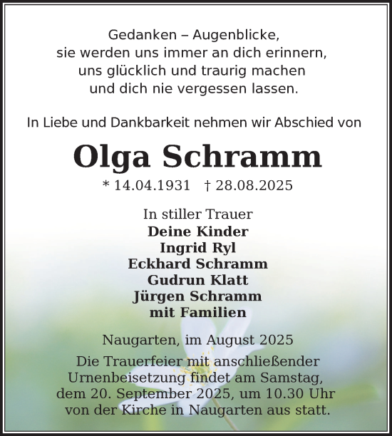 Traueranzeige von Olga Schramm von Uckermark Kurier Prenzlauer Zeitung