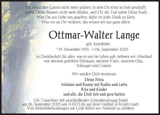 Traueranzeige von Ottmar-Walter Lange von Ludwigsluster Tageblatt