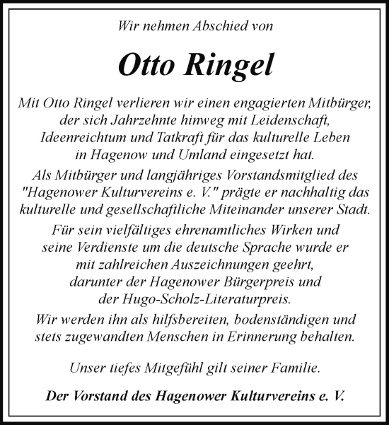 Traueranzeige von Otto Ringel von Hagenower Kreisblatt