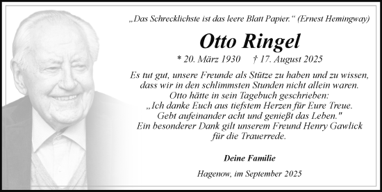 Traueranzeige von Otto Ringel von Hagenower Kreisblatt