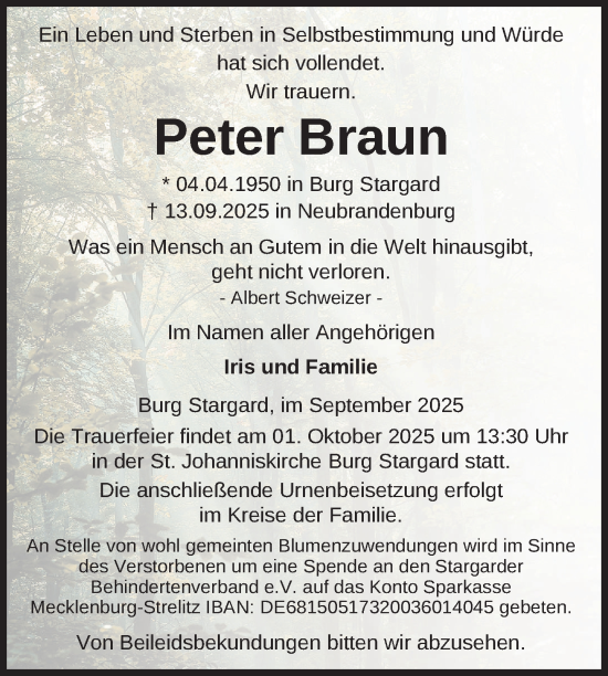 Traueranzeige von Peter Braun von Nordkurier Neubrandenburger Zeitung