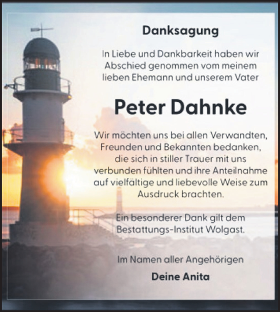 Traueranzeige von Peter Dahnke von Nordkurier Müritz-Zeitung