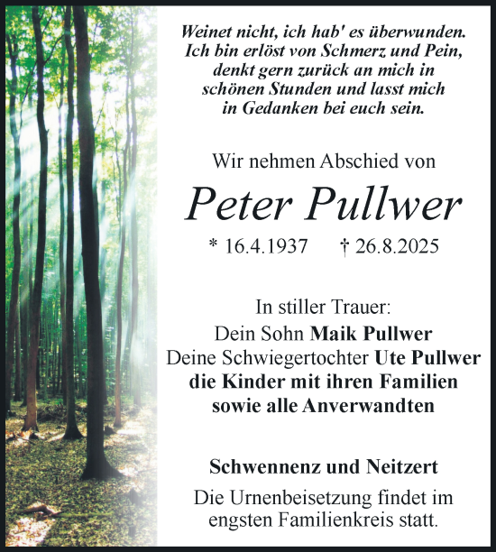 Traueranzeige von Peter Pullwer von Nordkurier Pasewalker Zeitung