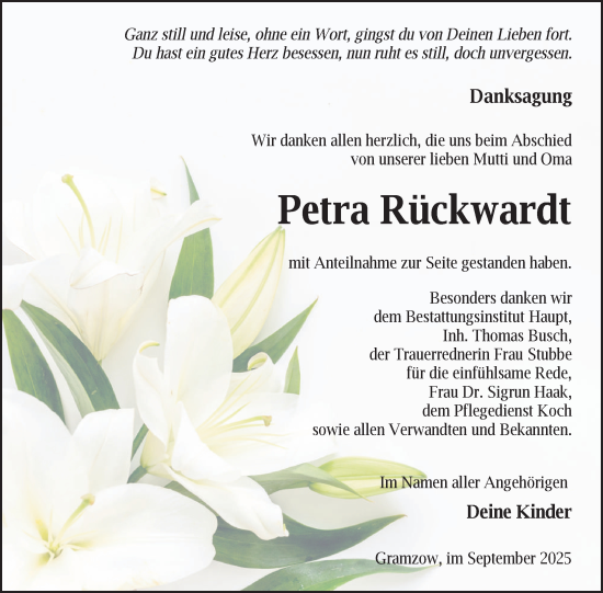Traueranzeige von Petra Rückwardt von Uckermark Kurier Prenzlauer Zeitung