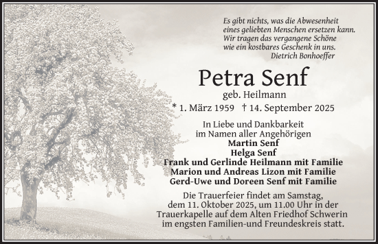 Traueranzeige von Petra Senf von Zeitung für die Landeshauptstadt