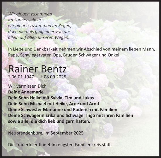 Traueranzeige von Rainer Bentz von Nordkurier Neubrandenburger Zeitung