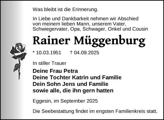 Traueranzeige von Rainer Müggenburg von Nordkurier Haff-Zeitung