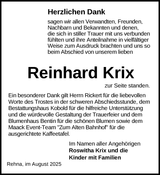 Traueranzeige von Reinhard Krix von Gadebusch - Rehnaer Zeitung