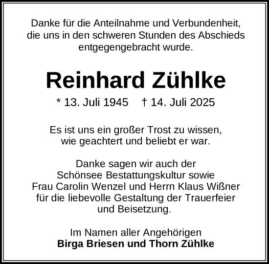 Traueranzeige von Reinhard Zühlke von Zeitung für die Landeshauptstadt