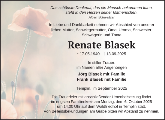 Traueranzeige von Renate Blasek von Uckermark Kurier Templiner Zeitung