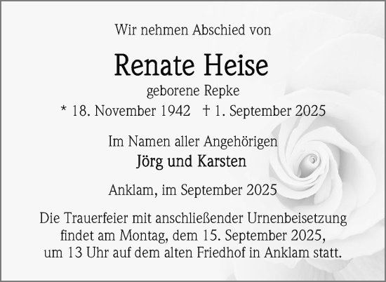 Traueranzeige von Renate Heise von Nordkurier Vorpommern Kurier