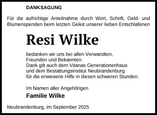 Traueranzeige von Resi Wilke von Nordkurier Neubrandenburger Zeitung