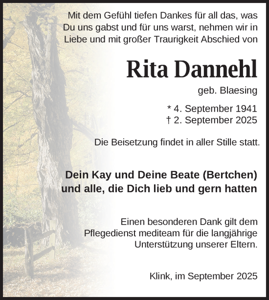 Traueranzeige von Rita Dannehl von Nordkurier Müritz-Zeitung