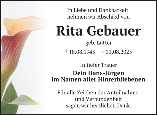 Traueranzeige von Rita Gebauer von Nordkurier Mecklenburger Schweiz