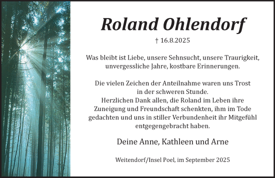 Traueranzeige von Roland Ohlendorf von Anzeiger für Sternberg - Brüel - Warin