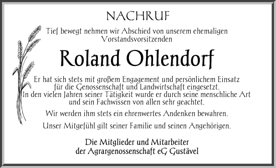 Traueranzeige von Roland Ohlendorf von Anzeiger für Sternberg - Brüel - Warin