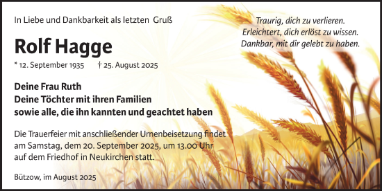 Traueranzeige von Rolf Hagge von Güstrow und Bützow