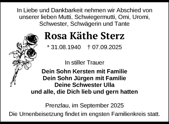 Traueranzeige von Rosa Käthe Sterz von Uckermark Kurier Prenzlauer Zeitung
