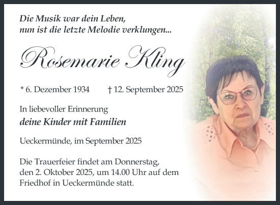 Traueranzeige von Rosemarie Kling von Nordkurier Haff-Zeitung