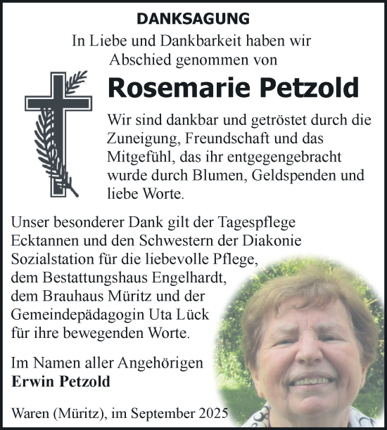 Traueranzeige von Rosemarie Petzold von Nordkurier Müritz-Zeitung
