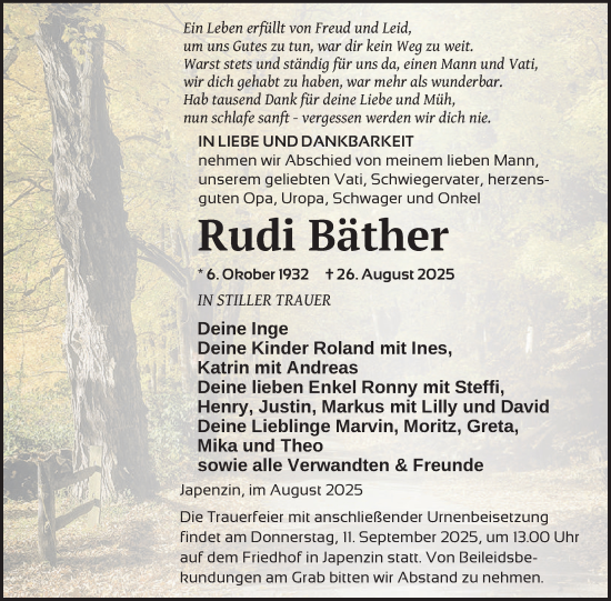 Traueranzeige von Rudi Bäther von Nordkurier Vorpommern Kurier