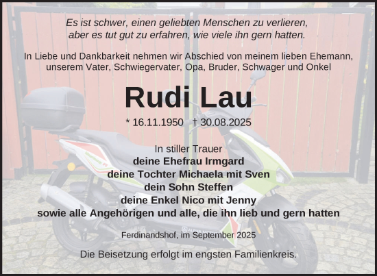 Traueranzeige von Rudi Lau von Nordkurier Haff-Zeitung