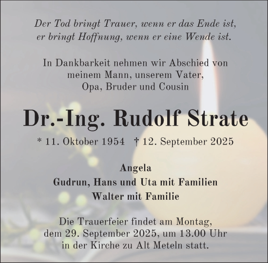 Traueranzeige von Rudolf Strate von Zeitung für die Landeshauptstadt