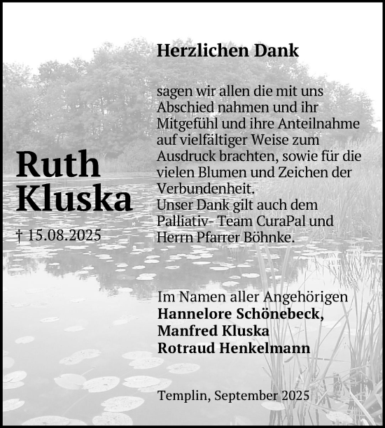 Traueranzeige von Ruth Kluska von Uckermark Kurier Templiner Zeitung