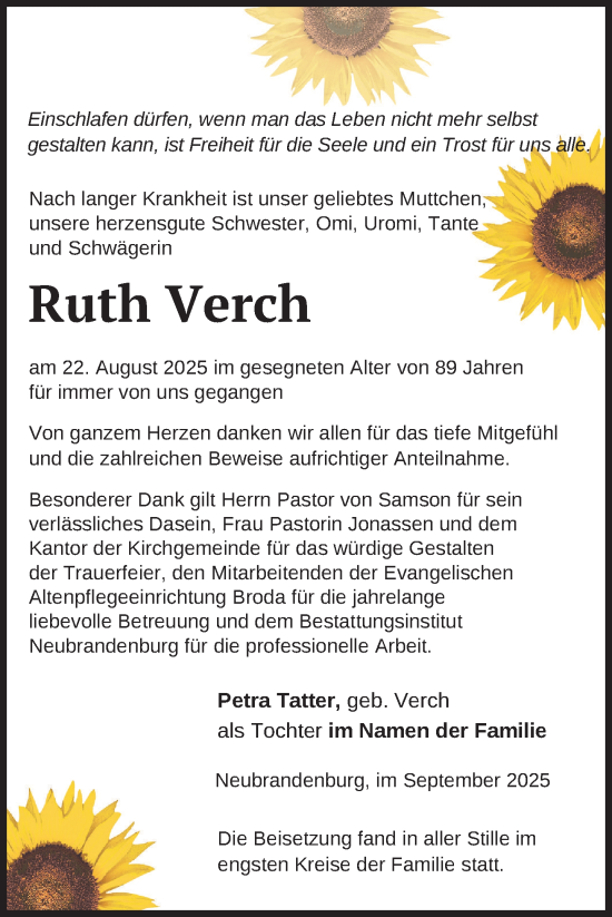Traueranzeige von Ruth Verch von Nordkurier Neubrandenburger Zeitung