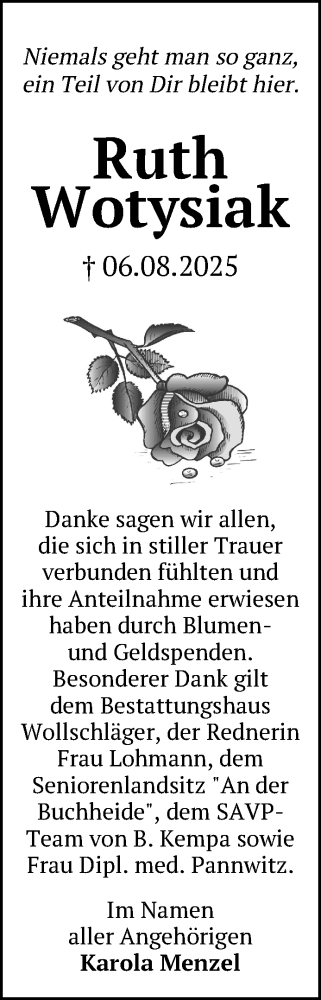 Traueranzeige von Ruth Wotysiak von Uckermark Kurier Templiner Zeitung