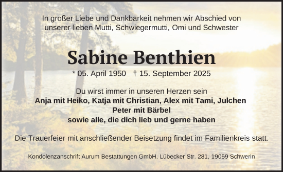 Traueranzeige von Sabine Benthien von Zeitung für die Landeshauptstadt