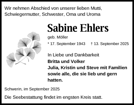 Traueranzeige von Sabine Ehlers von Zeitung für die Landeshauptstadt