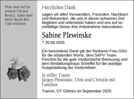 Traueranzeige von Sabine Plewinske von Zeitung für die Landeshauptstadt