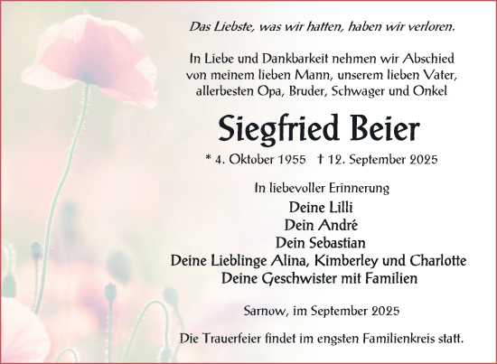 Traueranzeige von Siegfried Beier von Nordkurier Vorpommern Kurier