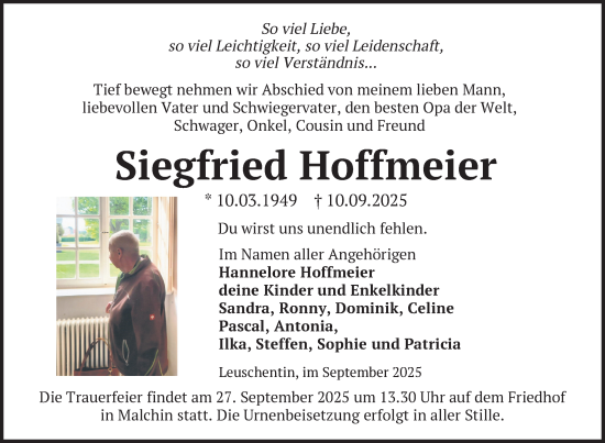 Traueranzeige von Siegfried Hoffmeier von Nordkurier Mecklenburger Schweiz