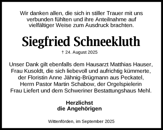 Traueranzeige von Siegfried Schneekluth von Zeitung für die Landeshauptstadt