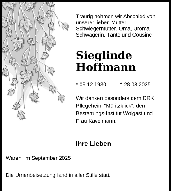 Traueranzeige von Sieglinde Hoffmann von Nordkurier Müritz-Zeitung