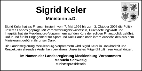 Traueranzeige von Sigrid Keler von Zeitung für die Landeshauptstadt