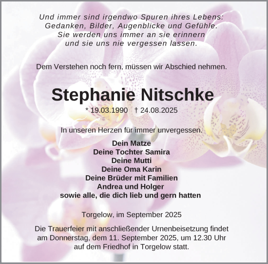 Traueranzeige von Stephanie Nitschke von Nordkurier Haff-Zeitung