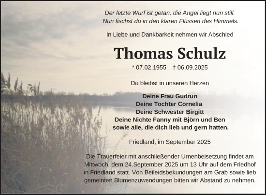 Traueranzeige von Thomas Schulz von Nordkurier Neubrandenburger Zeitung