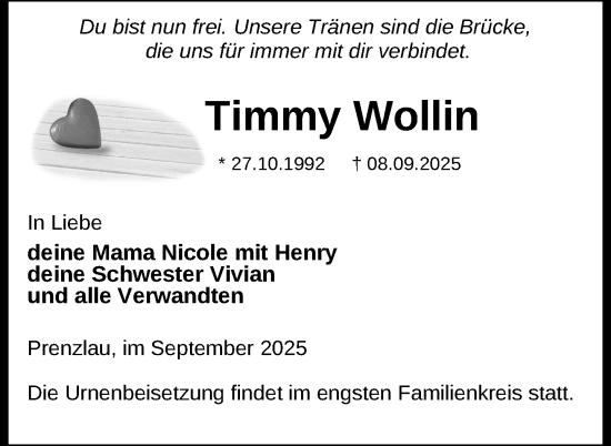 Traueranzeige von Timmy Wollin von Uckermark Kurier Prenzlauer Zeitung