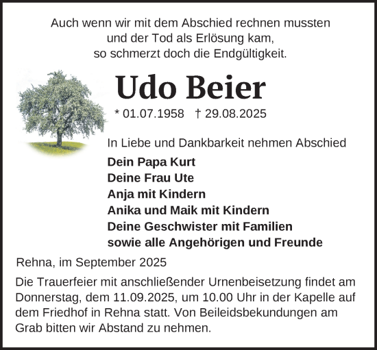Traueranzeige von Udo Beier von Gadebusch - Rehnaer Zeitung
