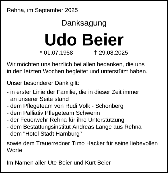 Traueranzeige von Udo Beier von Zeitung für die Landeshauptstadt