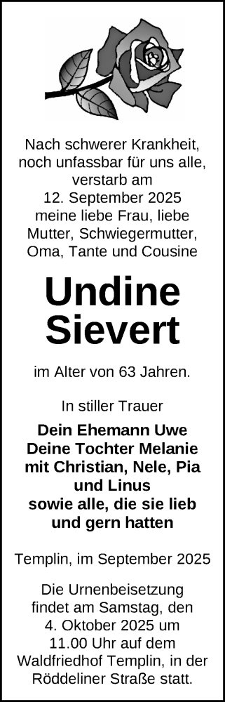 Traueranzeige von Undine Sievert von Uckermark Kurier Templiner Zeitung